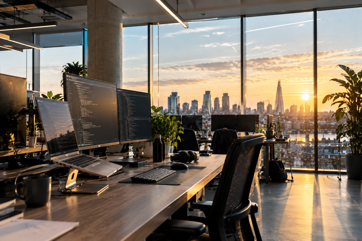 Developer workstation with dual monitors and a laptop showing code, overlooking the London skyline at sunset